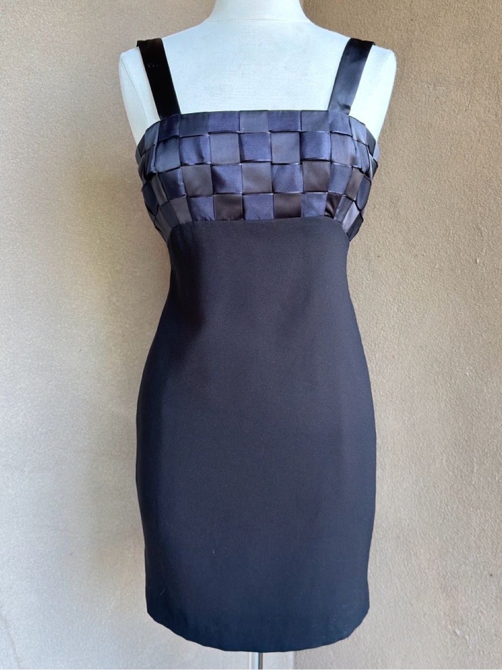 Ann Taylor Black Sheath Mini Dress Woven Satin Bodice Sleeveless Made in USA